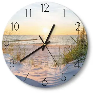 DEQORI Wanduhr 'Abendsonne an der Ostsee' (Glas Glasuhr modern Wand Uhr Design Küchenuhr) beige|blau|gelb 30 cm x 30 cm