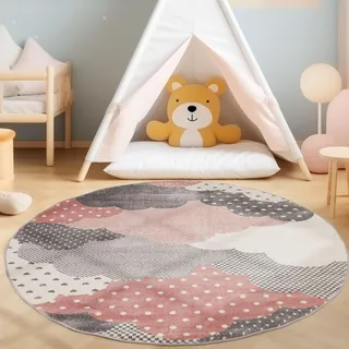 SIMPEX KinderTeppich, Wolken Design, Rosa, 120 cm Rund, Teppich für Kinder, Kinderzimmer
