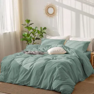 DXHOME Bettwäsche 155x220 Baumwolle 3 Teilig Grün Uni Einfarbig Salbeigrün Schlicht Weich Baumwolle Bettwäsche mit Reißverschluss und 2 Kissenbezüge 80x80 cm