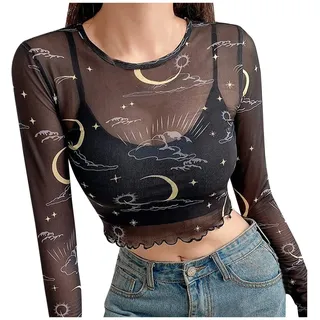 Sonojie Mesh Damen Sheer Mesh Top Langarm Transparent Oberteil Crop Top Mesh Bluse Durchsichtiges Hemd Sonne Mond Drucken Netz Lange Ärmel Netz-Langnähten Strickhemd - S