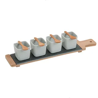 Vorspeisen Schälchen Set auf Bambus Tablett, Teller Set, 9 Teile Set Servier Teller weiß,4 Soufflé Servierschalen Set Tapas Schalen auf Bambusholz, Servierbrett Holz & 4 Dessert Gläser (ECKIG)