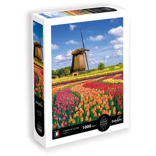 Calypto 3907051 Tulpenfeld, 1000 Teile Puzzle mit Soft-Touch, Landschaftspuzzle mit samtiger Oberfläche, für Erwachsene und Kinder ab 9 Jahren, Holland, Mühle, Blumen