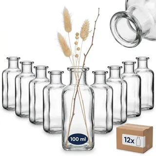 gouveo 12er Set Glasvase 100 ml (0,10 l) Apothekerflaschen-Design eckig ohne Deckel – Kleine Klarglas-Dekovasen für Trockenblumen, Tischdeko, Blumenarrangements (AVTE100)