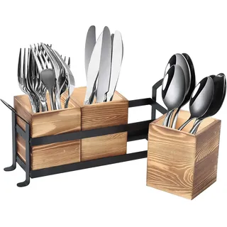BlyeMichdi Besteckhalter Holz für Tisch, 3-teiliges Besteckkasten Holz Metall Besteckkorb, Abnehmbar Utensilienhalter Löffelhalter, Besteck Organizer Besteckständer für Esstischdeko 33 x 14.3 cm