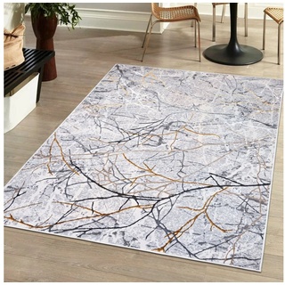 Designteppich Modern Teppich für Wohnzimmer - Glänzende - Grau Silber mit Gold, Mazovia, 80 x 150 cm, Glänzende Abstrakt Marmor, Höhe 10 mm, Kurzflor - niedrige Florhöhe, Weich, Pflegeleicht grau|silberfarben 80 x 150 cm