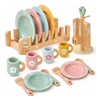 CLTYQ Spielgeschirr Kinder Holz Geschirr Set – Küchen Rollenspiel Spielzeug, Spielküche Zubehör mit Tassen, Tellern & Besteck