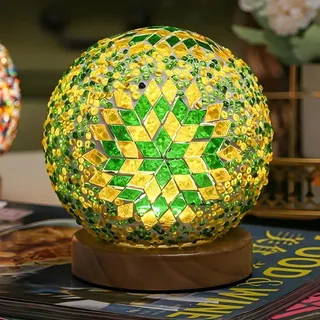 HyDlan Nachttischlampe Glas-Patchwork-Tischlampe (15.5 x 12.5cm), USB Stromanschluss Vintage Deko Schreibtischlampe, für modern Deko Schlafzimmer Nachtlampe, Wohnzimmer (Boho - Grüner)