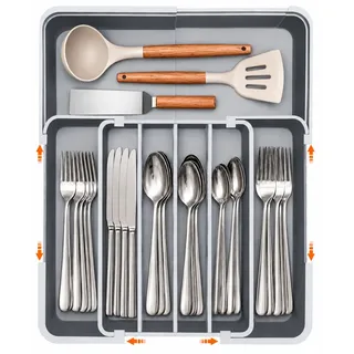 Besteckkasten für Schubladen, Besteckeinsatz Schubladen Organizer Küche, rutschfest & wasserdicht, BPA-frei, 7 Fächer, extra große Kapazität, platzsparend & erweiterbar 24*32 bis 38.6*48.2 cm
