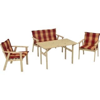 MERXX Garten-Essgruppe Sylt, (7-tlg., 2x Sessel, 1x Bank, 1x Tisch, inkl. Auflagen), Kiefernholz beige