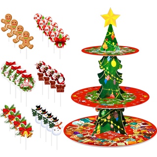 Weihnachts-Cupcake-Ständer, 3 Etagen, Weihnachts-Dessertständer, Halter mit 24 Cupcake-Aufsätzen, Weihnachtskuchenturm, Tablett, Karton, Gebäck, Serviertablett, Party, Dekoration