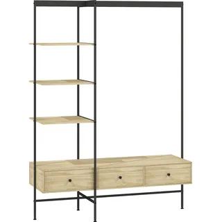 HOMCOM Garderobenständer mit Regalen, Schubladen und Kleiderstange, 180 cm freistehender Kleiderständer im modernen Stil, Metallrahmen, Kippschutz, Eiche   Aosom