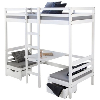 Homestyle4u Hochbett Kinderbett 90x200 weiß Schreibtisch Bettkasten weiß