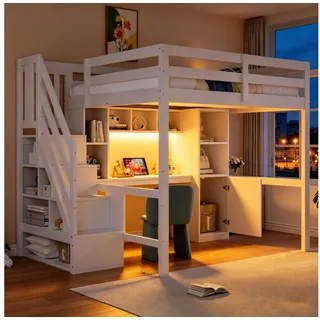 BlingBin Hochbett Holzbett Kinderbett (1-St., mit Stauraum, Schreibtisch, Regalen, LED-Beleuchtung) EU-Standard-Steckdosen sowie hohen Sicherheitsgittern,140 x 200 cm weiß 148 cm x 253 cm x 170 cm