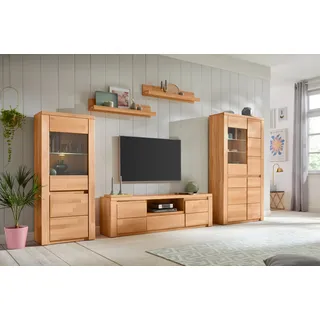 OTTO home Wohnwand BURANO 3-teilig, Lowboard mit Kabeldurchführung, Breite 310cm, (Set, 4-St), Fronten aus Massivholz, Korpus aus Melamin, verstellbare Einlegeboden braun