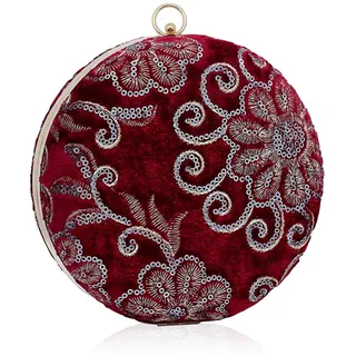 CORIOS Damen Rund Abendtasche Samt Clutch Bag Brauttasche Blume Schultertasche Luxus Handgelenktasche Abnehmbarer Kette Handtasche Klein Tasche für Cocktail Party Tanzparty Abendparty Rot