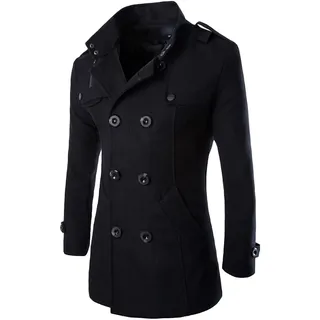 Zweireihiger Wintermantel für Herren Klassischer MittelLanger Caban aus Wollmischung Slim Fit Outdoor Trenchjacke mit Stehkragen (M,Schwarz)