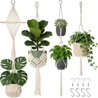 TMZELOA Blumenampel Hängend Innen 4er Set, Makramee Blumenampel mit Haken, Boho Hängetopf für Pflanzen, Baumwollseil Hängepflanzen Topf, Blumenampels Innen für Balkon Wohnzimmer Fenster(Ohne Becken