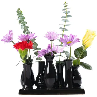 Jinfa Handgefertigte kleine Keramik Deko Blumenvasen Set aus 7 Vasen in schwarz auf einem Tablett