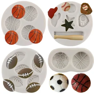 MYPRACS 4 Stück Ball Silikonformen Fußball Baseball Basketball Rugby Fondantform zum Dekorieren von Kuchen Schokolade Süßigkeiten Polymer Ton Gummipaste