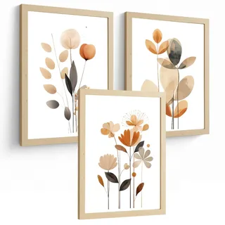 POSTER 3er-Set Wandbilder Orange Blumen modern Wohnzimmer Deko, Schlafzimmer, Küche, Badezimmer Leichter Holzrahmen A3