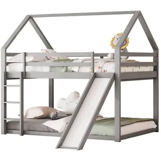 Merax Hochbett aus Kiefernholz mit Rutsche und Leiter, Etagenbett mit Rausfallschutz Kinderbett 140x200cm mit 2 Liegeflächen, Doppelbett mit Lattenrost grau 146 cm x 206 cm x 188 cm