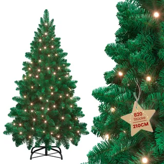 Aufun Künstlicher Weihnachtsbaum Tannenbaum mit Beleuchtung 350 LED warm-weiß inkl. Metallständer 820 Spitzen, PVC Christbaum für Weihnachten-Dekoration Mehrweg (210cm, Grün PVC+LED)