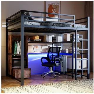 Odikalo Hochbett Metallbett Schreibtisch Schubladen Regale 90/140x200 Schwarz/Weiß 140 cm