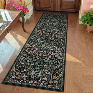 Moynesa Läufer mit Blumenmuster für Flur, 70 x 200 cm, waschbar, Küchenläufer, rutschfest, Boho, weich, Badezimmerteppich, botanisch, ultradünn, für Eingangsbereich, Wäsche, Schwarz