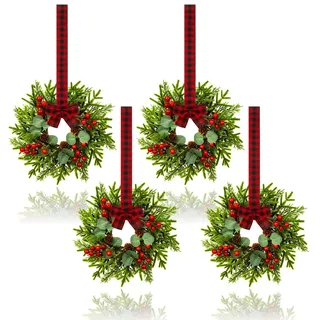 Kleiner Weihnachtskranz – Mini-Kränze mit roter Beere, Kiefer, Eukalyptus, Weihnachtskränze für Tür, Küchenschränke, Fenster, Kamine, Dekoration, 4 Stück