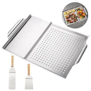 Herfair Grillplatte BBQ 45 x 31 cm Edelstahl Plancha Grillplatte mit 2 Grillspachteln Perfektes Grillzubehör für Holzkohlegrill Gasgrill