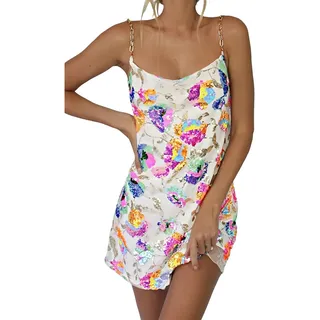 Vagbalena Damen Glitzer Blume Verschönert Paillettenkleid Glitter Rückenfrei Tief Ausgeschnitten Spaghetti Strap Minikleid Geburtstag Party Cocktail Outfit Hochzeit (Weiß,XL) - XL