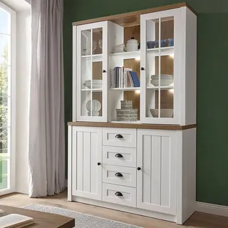 Lomadox Landhaus Buffetschrank Küchenbuffet Vitrinenschrank in Pine weiß mit Eiche hell, inkl. Beleuchtung