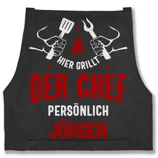 Schürze - Grillschürze Herren Männer - Hier grillt der Chef persönlich mit Namen - Grillzubehör Chef Vatertag Geschenkidee Papa - 85x69 - Jeans Schwarz - geschenke grillen personalisierte - 85x69
