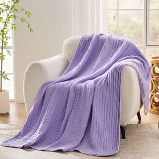VANJOROY Musselin Tagesdecke 230x250cm-100% Baumwolle 6-Lagen Oeko-Tex Zertifizierte, Weiche Leichte Sommerdecke als Kuscheldecke, Bett-Überwurf, Baumwolldecke für Sofa und Bett. Lila