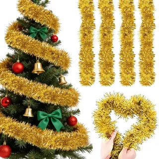 Lametta Girlande Weihnachtsbaum Girlanden - 4er Set (8m Gesamt) Extra Flauschig & 9cm Breit, Glänzende Weihnachten Lametta Girlandes für Festliche Deko, Christbaum Girlande & Partydekoration, Gold