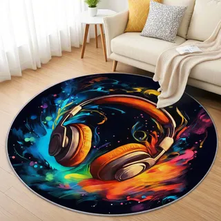 AevuCub Musik Teppich Rund 60 cm Kurzflor - Waschbare Teppiche Wohnzimmer Musiker - Runder Teppich 60 cm Durchmesser Kinderzimmer - Bettvorleger Schlafzimmer rutschfest Weich