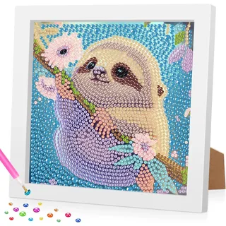 Diamond Painting Kinder mit Rahmen, 5D Faultier Diamant Painting Bilder Kinder, DlY Cartoon Diamond Painting Set, Geeignet für dieMobeldekoration 18x18cm