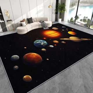 AevuCub Sonnensystem Deko, Planeten Erde Mond Teppich 100x150 Kurzflor, Teppich Wohnzimmer Weltraum Galaxie, Weich rutschfest Waschbare Teppiche, Bettvorleger Schlafzimmer Kinderzimmer