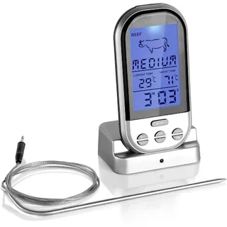 Retoo Funk Grillthermometer, -20–250 °C, 1-m-Sonde, 8 Fleischmodi mit Timer | LCD mit Hintergrundbeleuchtung, °C/°F, Alarm bei Zieltemperatur, Timer bis 99 Min. 59 Sek., 4 x AAA erforderlich, ABS