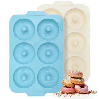 Toeusog 2-Stück Silikon Donuts Backform: 8,9cm Donutform mit Metallrahmen | 6 Hohlräume für Zuckerfreie Donuts/Bagel Backen - Antihaft Donutblech Backzubehör zum Kindergeburtstage (Mintgrün & Beige)
