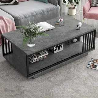 GQMYCDM Couchtisch Modern mit Stauraum, Couchtisch Rechteckig mit Kunstmarmorplatte und Schwarz/Goldenem Metallrahmen, 2-Stufiger Coffee Table für das Wohnzimmer (Color : Grau, Size : 39in/100cm)