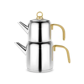 Karaca New Mira Gold Türkisches Teekannen-Set, Induktionsgeeignet, 1L Teekanne & 2L Teekessel aus Edelstahl, Spülmaschinenfest, Türkische Teekanne, Teekocher, Tea Maker, Caydanlik, Demlik