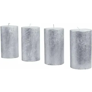 Loberon Kerze 4er Set Braga, Durchgefärbt & Geruchslos, von Hand Gefertigt, Lange Brenndauer, Adventskerzen, Adventskranz, Stumpenkerzen, Paraffinwachs, Silber