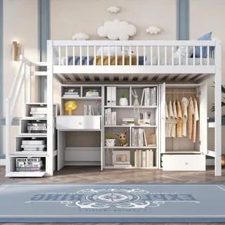 xixiworkshop Kinderbett 90x200cm, Treppe Links und Rechts Installbar, Hochbett mit Tisch/Schrank/Treppen/Regal, Bett mit Stauraum für Kinder Jungen/Mädchen, Rausfallschutz, Ohne Matratze