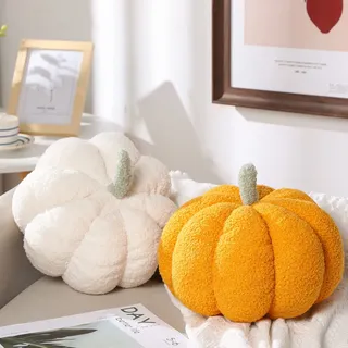 2 Stück Simuliertes Kürbis Zierkissen Plüschkissen 3D Kürbis Förmiges Kissen Gemütliche Herbst Gefüllte Dekokissen für Erntedankfest Weihnachten Halloween Schlafzimmer (Weiß, Gelb)