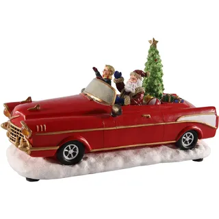 Spetebo LED Weihnachts Szene Weihnachtsmann im Oldtimer rot - 25 cm/Batterie - Tisch Deko mit Sound Bewegung und Beleuchtung - Advent Winter Dorf Fenster Dekoration