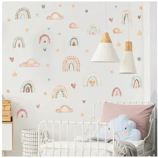 Montegoni Wandtattoo 3 Bögen Kinder Wandsticker (Wandaufkleber mit Regenbogen Herzen Sterne Wolken Muster, Dekoration Kindergarten Heimdekoration), Wandaufkleber für Mädchenzimmer, Babyzimmer