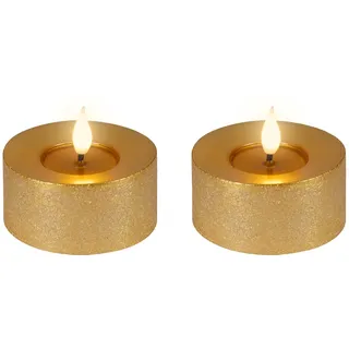 Lumineo 2 LED Kerzen 6x7,5cm mit Timerfunktion Flacker-Effekt Wachs Echtwachskerze batteriebetrieben Docht-Teelicht Wachskerze Gold Warmweiß