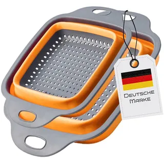 Faltbarer Seiher Sieb, Küche Silikon Klappbar Abtropfsieb Nudelsieb Set, Küchensieb Abwaschschüssel von Nudeln, Obst, Gemüse, 2 Größe (24.5+29.2cm) (Orange Rechteckig)