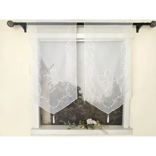 Devola Panneaux Gardinen Landhaus Scheibengardinen mit Stickerei Küchengardine Transparent Bistrogardine mit Quaste Tür Gardine HxB 90x60cm Weiß 1 Stück
